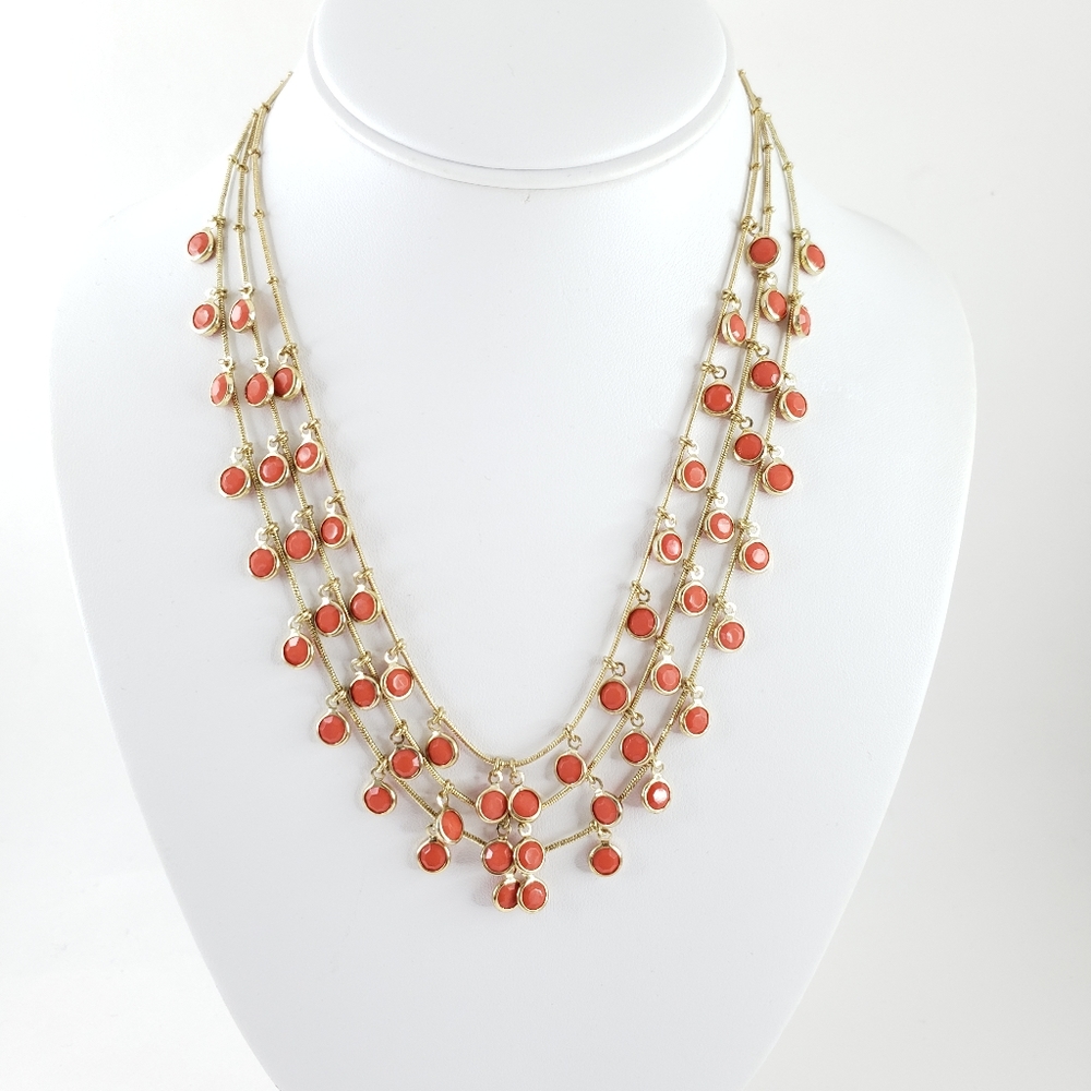 Anne Klein layer necklace gold tone orange accents 3 strands pop color